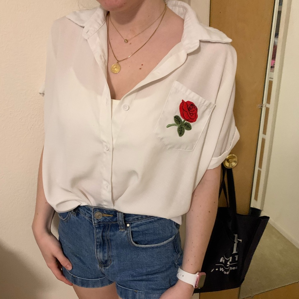 White Collard Top with Rose Embroidered